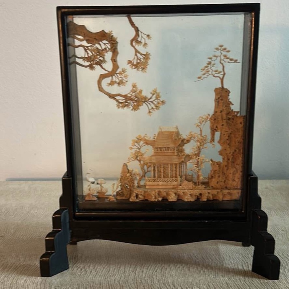 Square Vintage SanYou Chinese Cork Carving Encased in Lacquered Rosewood w base